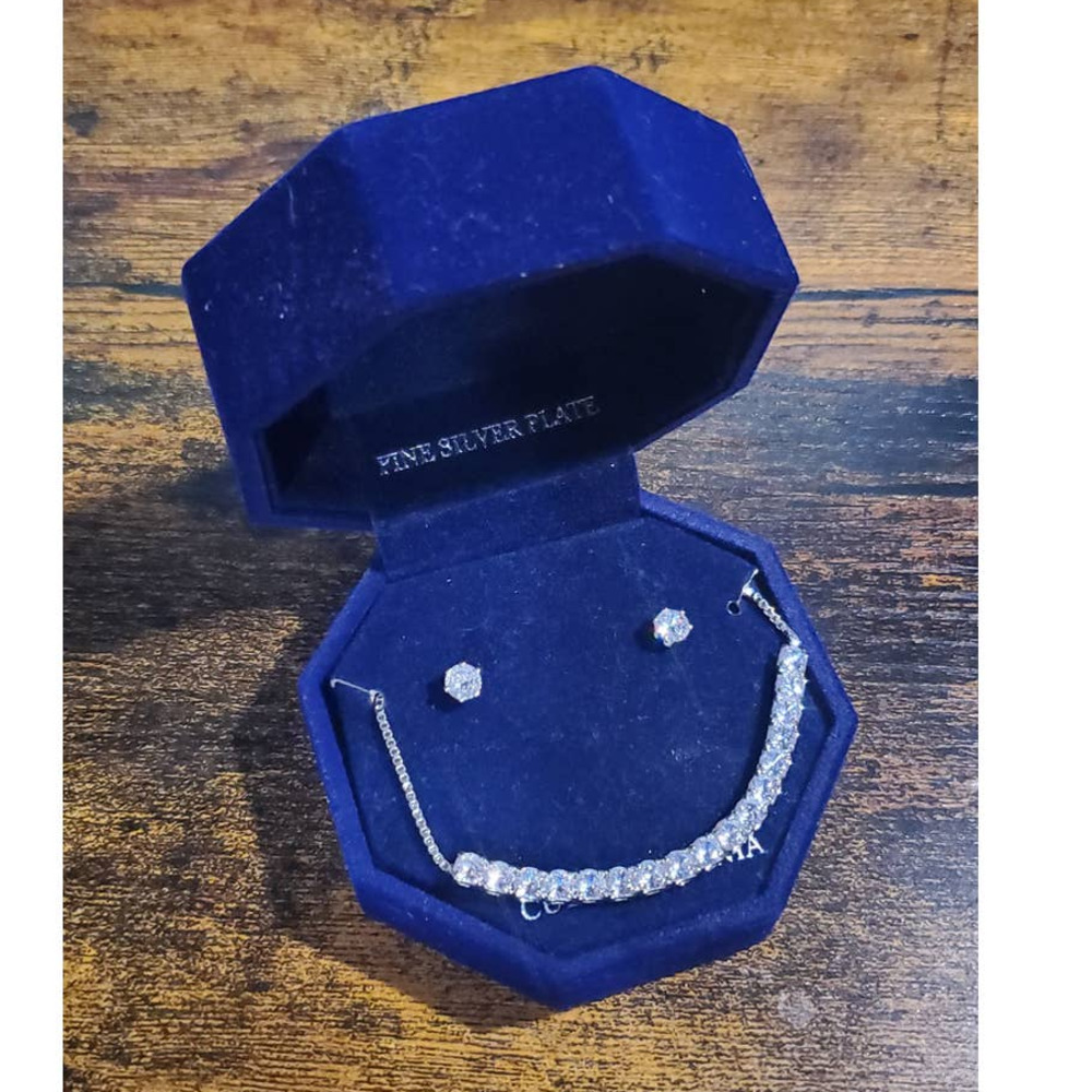 Cubic Zirconia Silver Plated Statement Necklace & Stud Earrings Set NIB
